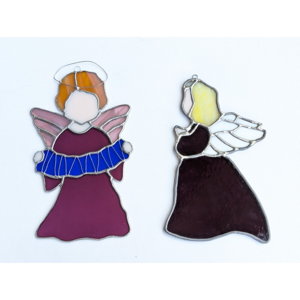 Vintage Stained Glass Angel Figure Suncatchers 9" tall (Set of 2) Handcrafted